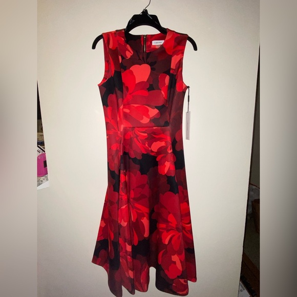 NWT Calvin Klein Red Floral Sleeveless Dress - Picture 1 of 4